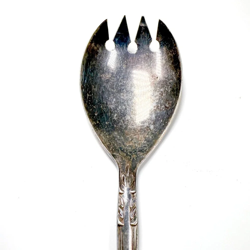Floral Salad‎ Serving Fork & Spoon Set - Vintage 1920s-40s Nickel Silver Ornate